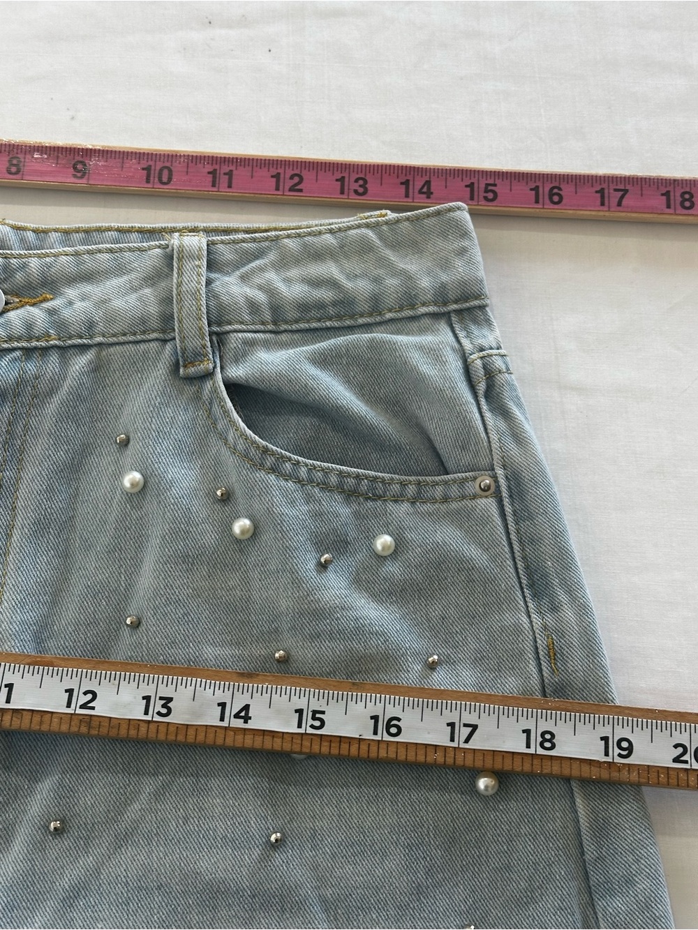 Y2K Pearl Studded Wide Leg Jeans Light Wash Distressed Split Hem Denim Pants - Picture 16 of 16